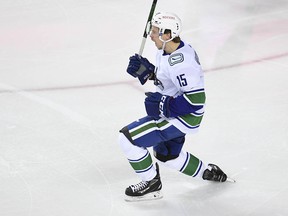 Vancouver Canucks forward Matthew Highmore celebrates his first-period goal against the Calgary Flames at the Scotiabank Saddledome in May.