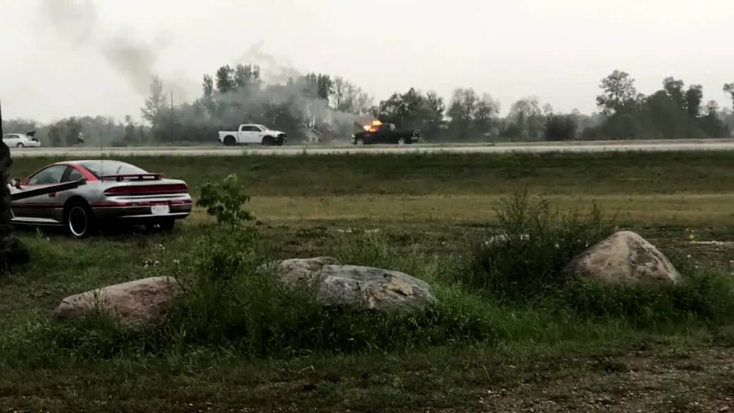 Click to play video: 'Lightning strikes a truck on the Trans-Canada Highway'