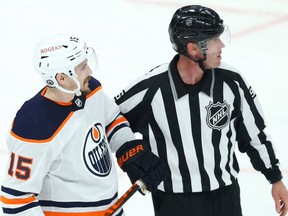 Edmonton Oilers forward Josh Archibald talks to Winnipeg Jets defender Logan Stanley after he hit him low and was penalized in Game 3 of a Stanley Cup playoff series in Winnipeg on Sunday, March 23. May 2021.