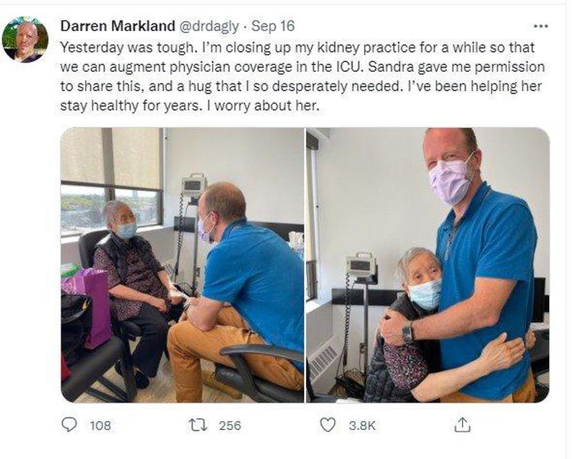 Dr. Darren Markland has gained a following on Twitter, where he shares his thoughts on the pandemic and the heartbreaking life and death stories that are mostly hidden behind the walls of the hospital.