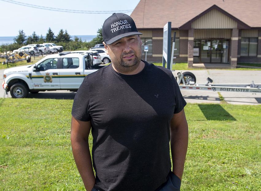 Sipekne'katik First Nation Chief Mike Sack is out of the Canadian Department of Fisheries and Oceans in Meteghan, NS, following the start of his self-regulatory lobster fishing treaty on Monday, Aug. 16, 2021.