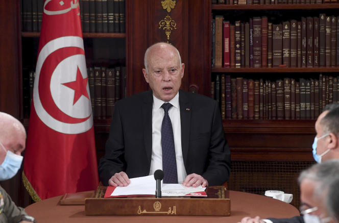 Tunisian President Kaïs Saied leads a security meeting with members of the military and police in Tunis on July 25, 2021.