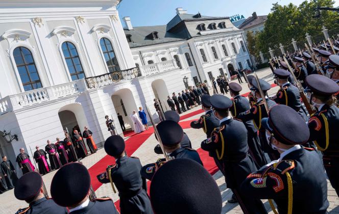 Pope Francis greeted by Slovak President Zuzana Caputova on September 13 in Bratislava.
