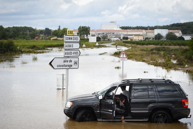 A road in Aigues-Vives, in the Gard, is flooded after record rains on September 14, 2021.