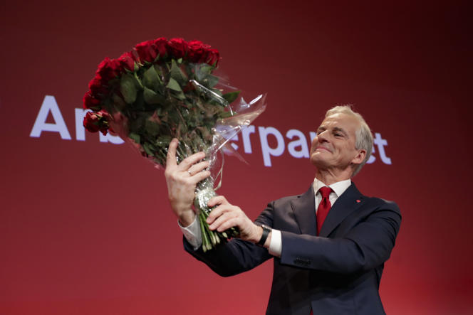 Labor leader Jonas Gahr Store celebrates his victory in the parliamentary elections in Oslo on September 13, 2021.
