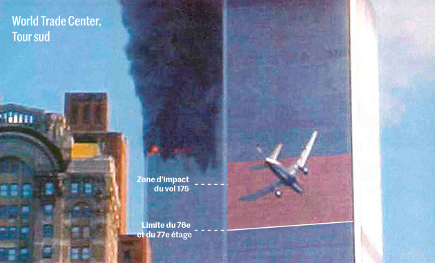 Image of United Airlines Flight 175 just before impact with the South Tower, which will cut off almost all access to the 637 people still above the 76th floor.