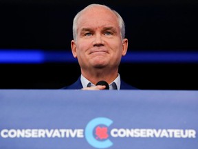 Conservative party leader Erin O'Toole speaks at a press conference in Ottawa, Ontario, Canada, on September 21, 2021.