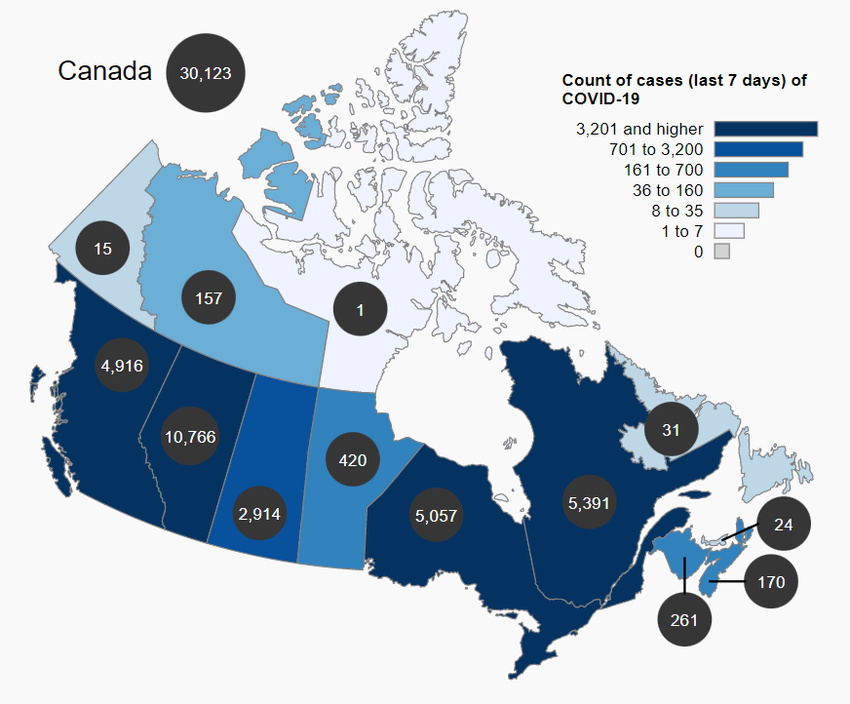 The number of cases (last 7 days) of COVID-19 in Canada.