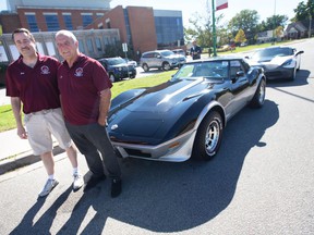 Gary McGuinness, left, and Moe Dupuis, right, members of the Corvette Club of Windsor, stand with their Corvettes outside the Windsor Regional Hospital Met campus after making a $ 5,500 donation to support pediatric oncology on Tuesday, September 28, 2021.