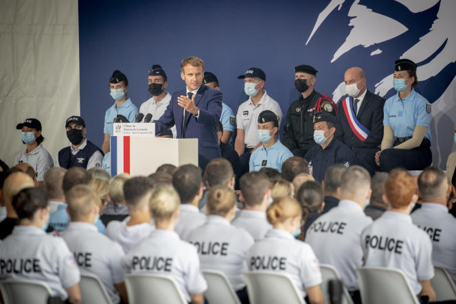 Emmanuel Macron, during the closing speech of the “Beauvau de la sécurité”, at the National Police Academy, in Roubaix (North), September 14, 2021.