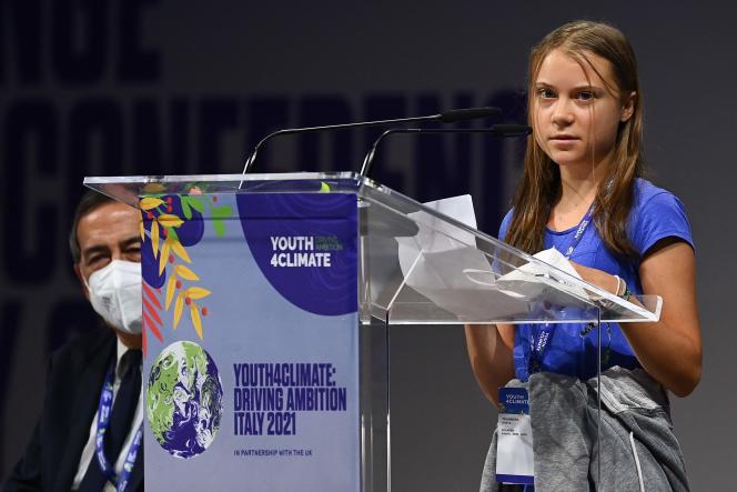 Greta Thunberg, at the platform of the Youth4Climate summit in Milan, Tuesday, September 28.