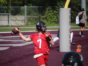 Quarterback Devlin (Duck) Hodges takes part in his first practice with the Redblacks at Gee-Gees Stadium on Saturday.