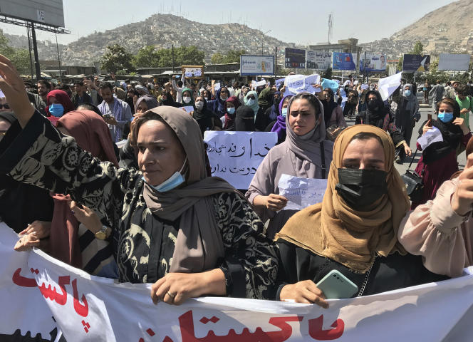 Afghan women during an anti-Pakistan demonstration near the Pakistani embassy in Kabul on September 7, 2021.