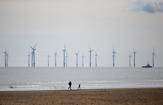 Wind turbines managed by EDF, near Hartlepool, in the north-east of England, on May 3, 2021.