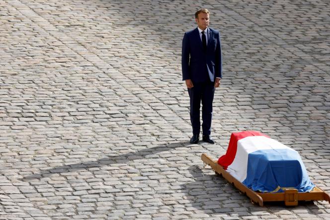 Emmanuel Macron during a national tribute ceremony to Jean-Paul Belmondo, at the Invalides, in Paris, on September 9, 2021.