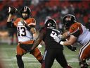 BC Lions quarterback Mike Reilly throws the ball against the Ottawa Redblacks during the second half in Ottawa on August 28, 2021.