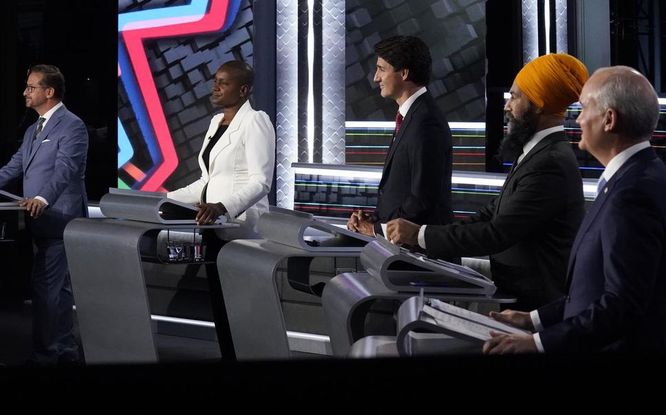 From left to right, Québec bloc leader Yves-Francois Blanchet, Green Party leader Annamie Paul, Liberal leader Justin Trudeau, NDP leader Jagmeet Singh and Conservative leader Erin O'Toole participate in the leaders' debate of English language of the federal elections in Gatineau, Que., on Thursday, September 9, 2021.