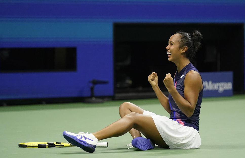 Leylah Fernandez of Canada reacts after defeating Aryna Sabalenka of Belarus during the semifinals of the US Open tennis championship on Thursday, September 9, 2021, in New York.