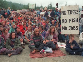 Clayoquot protesters at the blockade of the Kennedy River Bridge in 1994.
