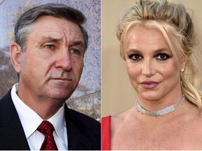 This combined photo shows Jamie Spears, father of singer Britney Spears, leaving the Stanley Mosk Courthouse in Los Angeles on October 24, 2012, left, and singer Britney Spears at the Los Angeles premiere of 