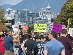 Several thousand anti-vaccine protesters converge on Vancouver General Hospital as part of the Global March for Health Freedom in Vancouver, BC, on Wednesday, September 1, 2021.