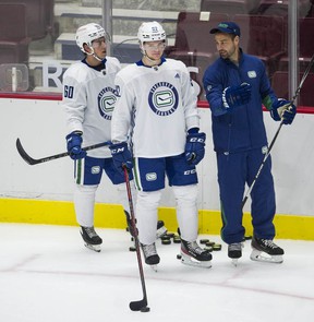 Vasily Podkolzin (center) skates during Canucks rookie camp at Rogers Arena in Vancouver, BC, on Friday, Sept. 17, 2021.