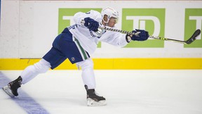 Jack Rathbone (# 3) at Canucks Training Camp 2021-22 at the Abbotsford Center on Thursday.