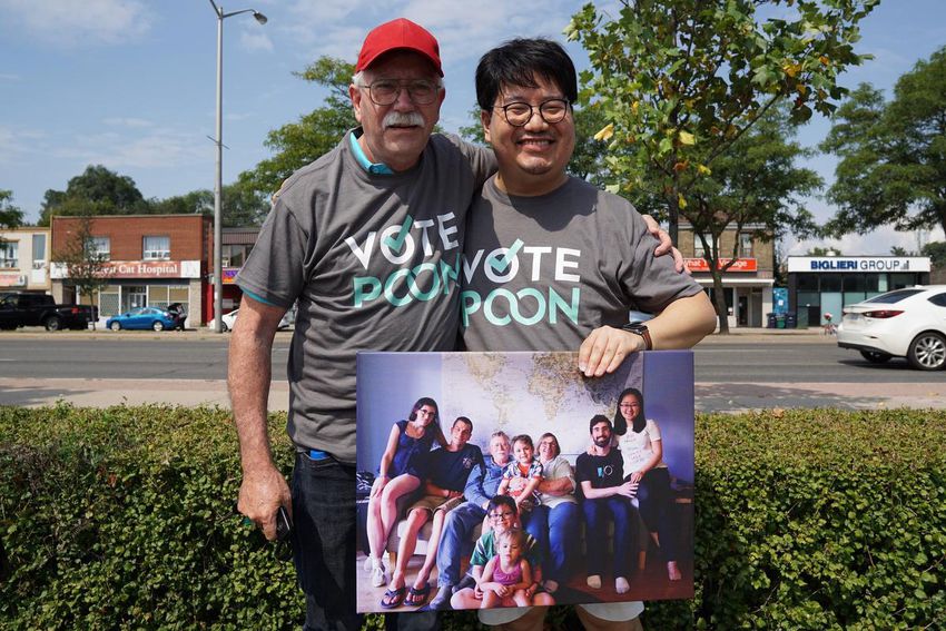 David Edward-Ooi Poon (right) and John McCall's campaign in driving South Scarborough.  Poon shows a photograph of the McCall family.  John's children had to say goodbye to their dying mother, Donna, via video due to COVID-19 border restrictions.