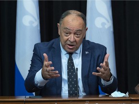 Health Minister Christian Dubé speaks at a press conference on vaccination, Tuesday, September 14, 2021, at the legislature in Quebec City.