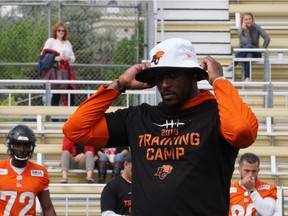 BC Lions assistant coach Ryan Phillips keeps things fresh at training camp in Kamloops in the summer of 2019.
