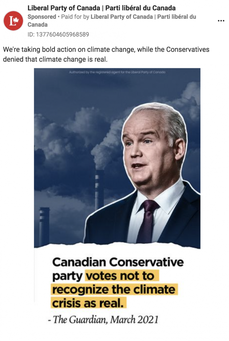 Screenshot of the advertisement of the Liberal Party, targeting climate change.