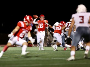 SFU quarterback Justin Seiber (# 16) throws a pass in a 24-7 loss to Western Oregon on Saturday, September 25, 2021.
