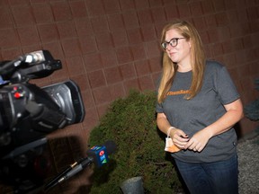 Tracey Ramsey, NDP candidate for Essex, speaks in front of her campaign headquarters after losing the 2021 federal election to Conservative incumbent Chris Lewis on Monday, September 20, 2021.