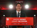 Prime Minister Justin Trudeau delivers his victory speech at the liberal election headquarters in Montreal on September 21.