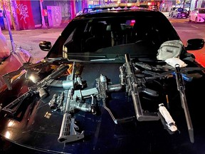 A homeless man was shot with an arrow on the Downtown Eastside Thursday night.  The shot was likely fired from the fire escape of a building on East Hastings St. Officers recovered a cache of real and imitation weapons from the building, including crossbows, replica assault rifles, sights, lights and lasers.