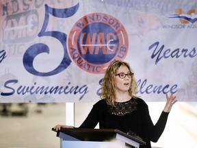 The Windsor Aquatic Club celebrated its 50th anniversary on Saturday, January 25, 2020 at the Windsor International Aquatic and Training Center.  Danielle Campo, a record-breaking world champion Paralympic swimmer and a former student of the club, speaks during the event.