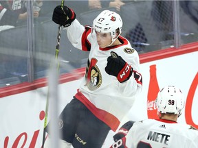 Ottawa Senators forward Ridly Greig celebrates his goal against the Winnipeg Jets in the NHL exhibition game at the Canada Life Center in Winnipeg on Sunday, Sept. 26, 2021.
