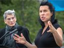 Projet Montréal leader Valérie Plante and architect Phyllis Lambert, left, hold a press conference at Mount Royal on Tuesday, September 21, 2021, to say they are in favor of preserving mountain views.