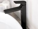A rounded base meets a rectangular spout to match many styles in an eclectic bathroom.  Riobel Ode Single Hole Faucet, Black, $ 428, HouseofRohl.ca.