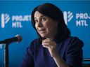 Incumbent Mayor Valérie Plante speaks at a press conference to announce her public safety plan in Montreal on Saturday, September 25, 2021. 