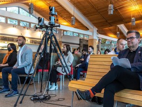 The three main candidates for mayor of Montreal participated in a debate on the subject: "What does the future of Mount Royal hold for us?" Seated, left to right, are Valérie Plante, Balarama Holness and Denis Coderre at the Beaver Lake pavilion on Thursday.