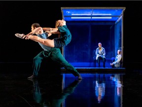 Marcel Mejia and Shanna Irwin (foreground) are among the dancers representing the dreams and fantasies of a woman diagnosed with Alzheimer's (played by Brigitte Saint-Aubin, background left, with dancer Sophia Shaw) in Ballets Jazz's Vanishing Mélodies Montréal, with music.  by Patrick Watson.