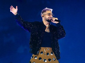 Colombian pop star Maluma performs at the Bell Center in Montreal on Friday, October 22, 2021.