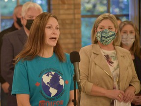 Allison Kozolanka, a member of Unifor Local 444 whose job is at risk after last week's announcement that Stellantis would cut the second shift at the Windsor assembly plant, spoke at an event with Ontario NDP leader Andrea Horwath , in Windsor on Thursday, October 21.  2021.