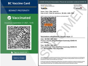 An example of the BC immunization card, on the left, and the new federal immunization card, on the right.