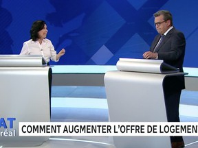 Valérie Plante, left, and Denis Coderre discuss housing in a televised debate on Radio-Canada on Monday, October 25, 2021.
