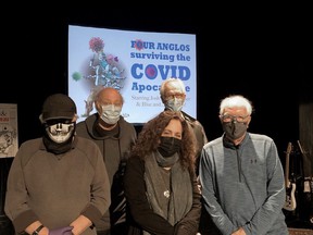 Terry Mosher, from left, Josh Freed, Ellen David, George Bowser, Rick Blue, at Théâtre Lac-Brome.  His Four Anglos Surviving the COVID Apocalypse show opens there this weekend.