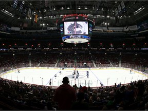 Fans return to Rogers Arena for the first time since March 2020 when the Vancouver Canucks and Winnipeg Jets meet during their NHL preseason game at Rogers Arena on October 3, 2021 in Vancouver, British Columbia, Canada.