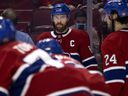 Montreal Canadiens defender Shea Weber watches his teammates as they wait for the puck to drop during playoff action against the Winnipeg Jets in Montreal on June 7, 2021.