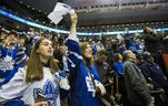 Leafs fans cheer on the Toronto Maple Leafs during Round 1 Game 3 action against the Boston Bruins at the Air Canada Center in Toronto, Ontario.  on Monday, April 16, 2018.